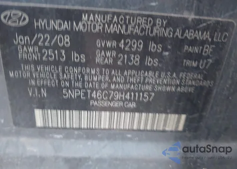 2009 Hyundai Sonata Gls z USA, uszkodzony, nr VIN 5NPET46C79H411157